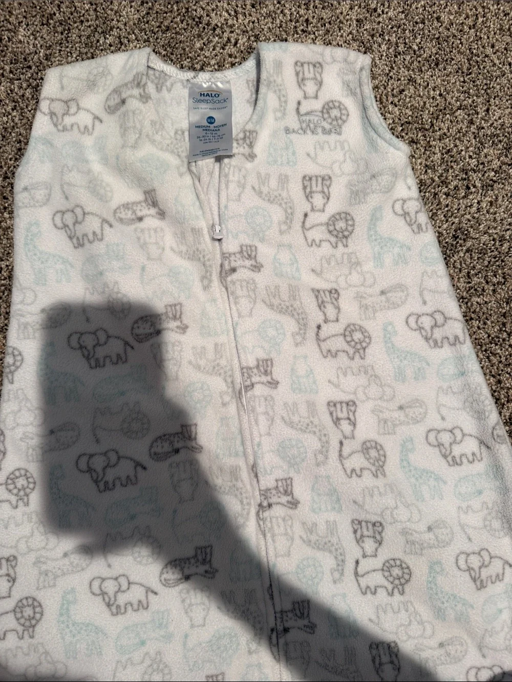 HALO White Sleep Sack with Gray and Light Blue Animal Prints